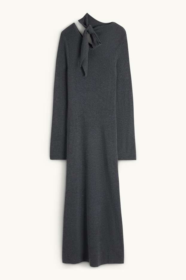 Women - Knitted dress with knot detail - ribbed - dark gray