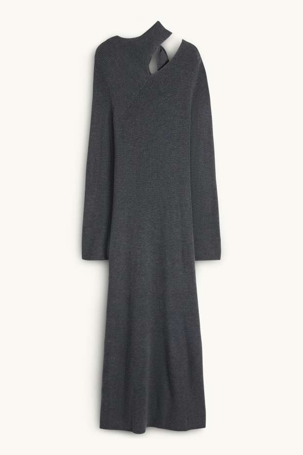 Women - Knitted dress with knot detail - ribbed - dark gray