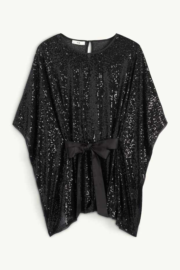 Damen - Pailletten-Cape mit Gürtel - glänzend - schwarz