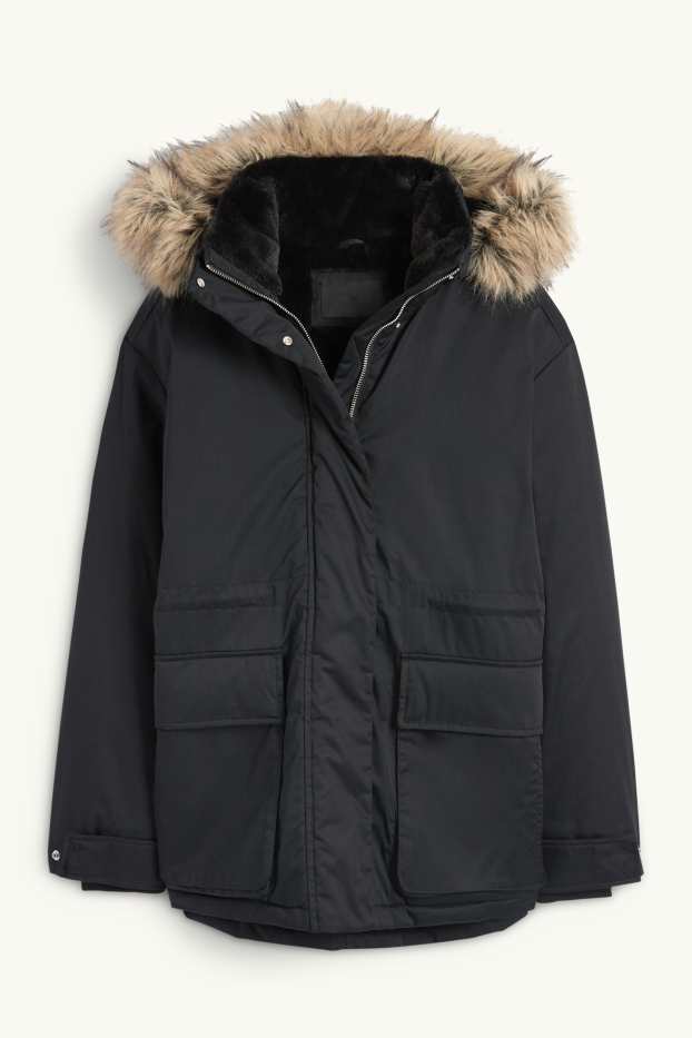 Damen - Parka mit Kapuze und Kunstfellbesatz - schwarz