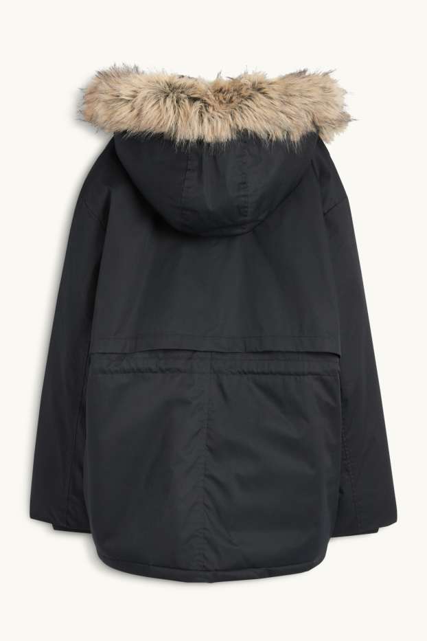 Damen - Parka mit Kapuze und Kunstfellbesatz - schwarz