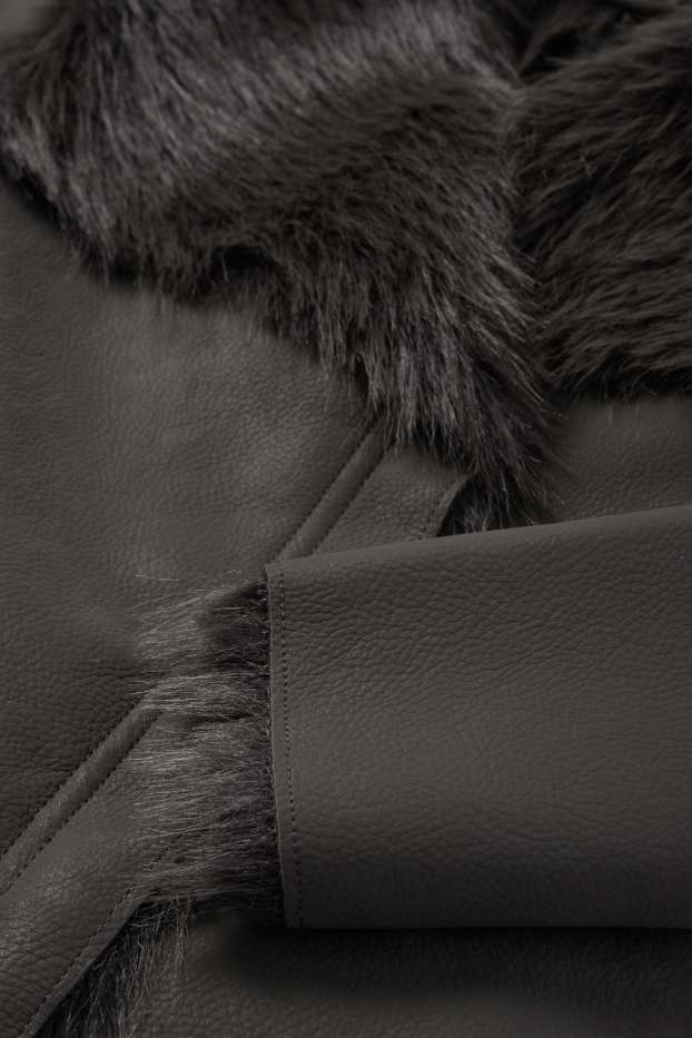 Dames - Imitatie shearling jas - imitatieleer - donkergrijs