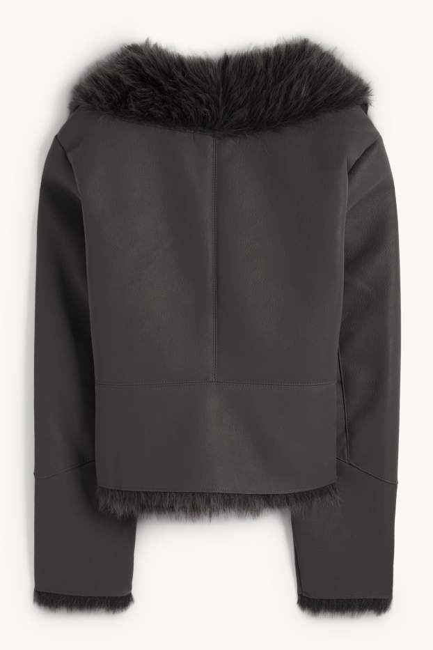 Dames - Imitatie shearling jas - imitatieleer - donkergrijs