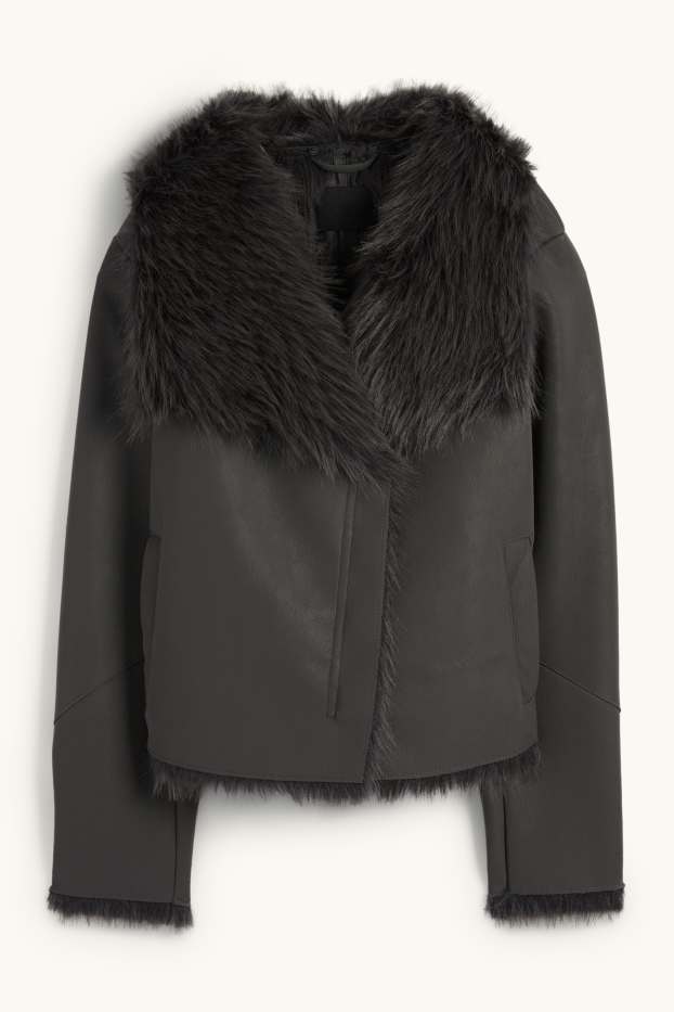 Dames - Imitatie shearling jas - imitatieleer - donkergrijs