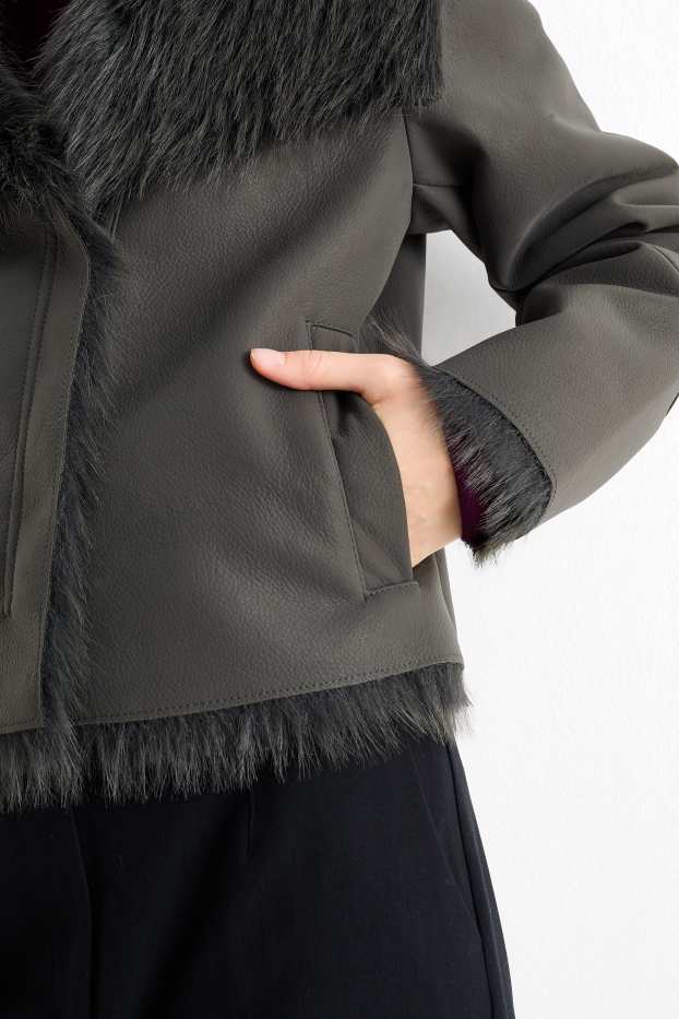 Dames - Imitatie shearling jas - imitatieleer - donkergrijs