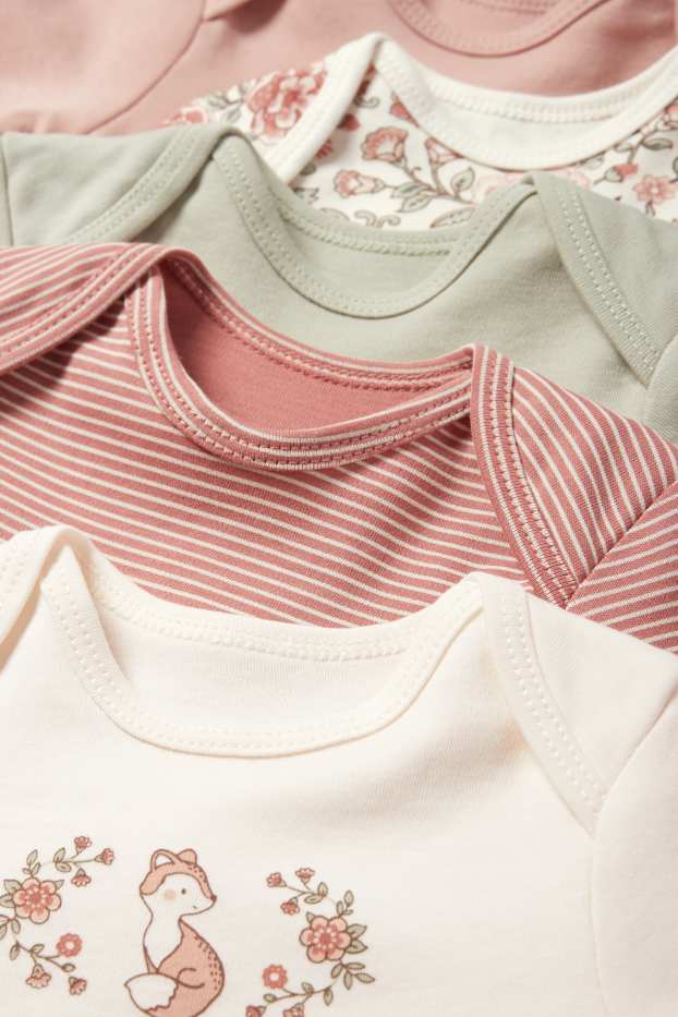 Bébés filles - Lot de 5 - petites fleurs et renard - bodys bébé - rose
