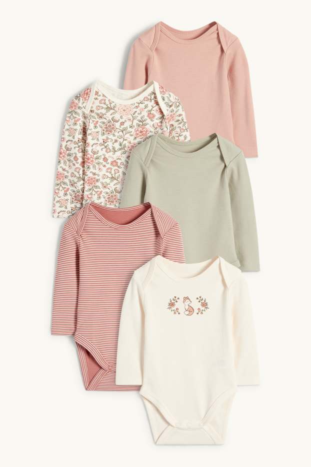 Bébés filles - Lot de 5 - petites fleurs et renard - bodys bébé - rose