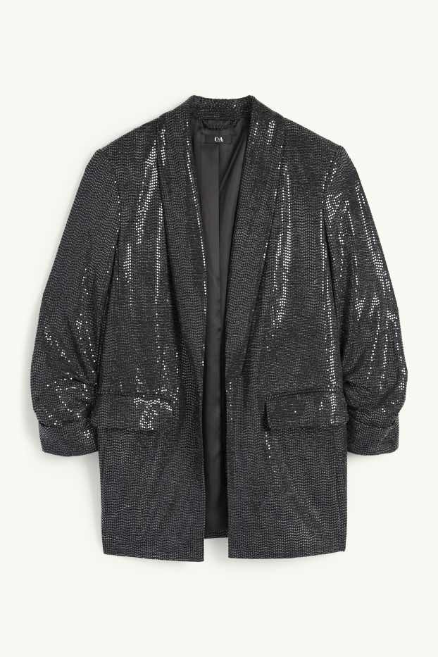 Damen - Pailletten-Longblazer - Relaxed Fit - schwarz