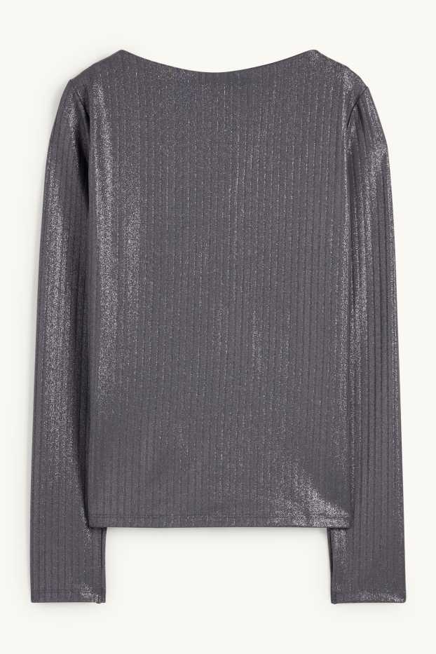 Damen - Langarmshirt - gerippt - glänzend - dunkelgrau