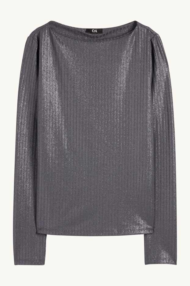 Damen - Langarmshirt - gerippt - glänzend - dunkelgrau