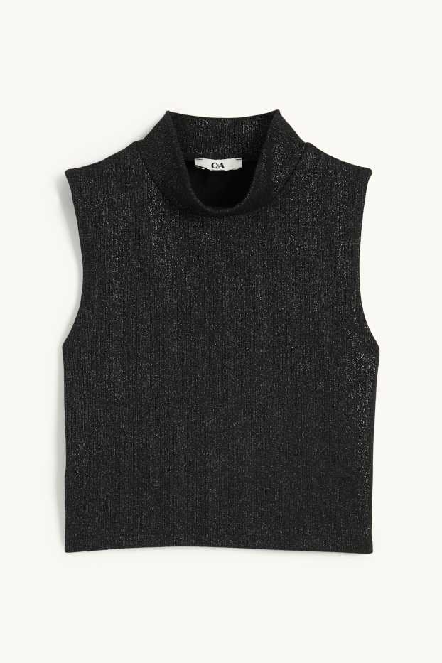 Dámské - Krátký top - žebrovaný - s třpytivým efektem - černá