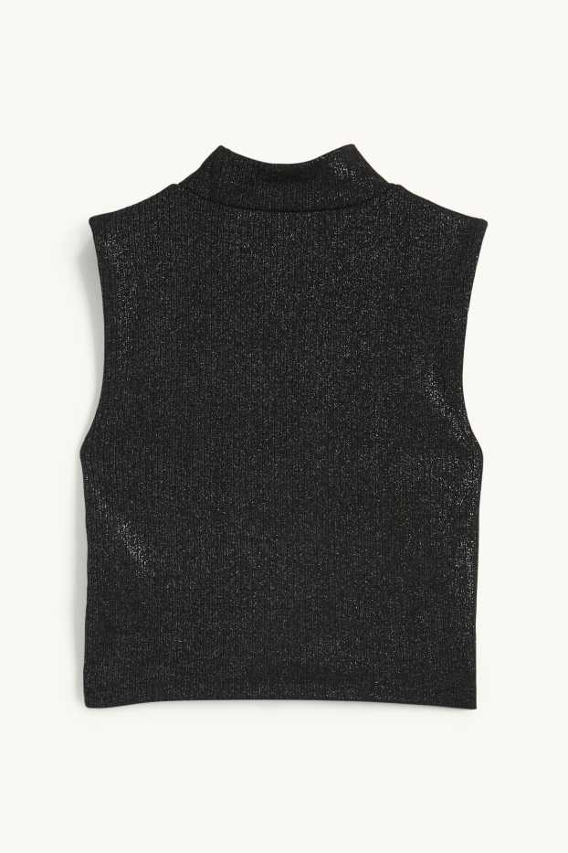 Dámské - Krátký top - žebrovaný - s třpytivým efektem - černá