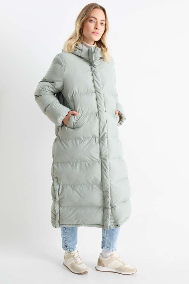 Women - Quilted coat with hood - light green