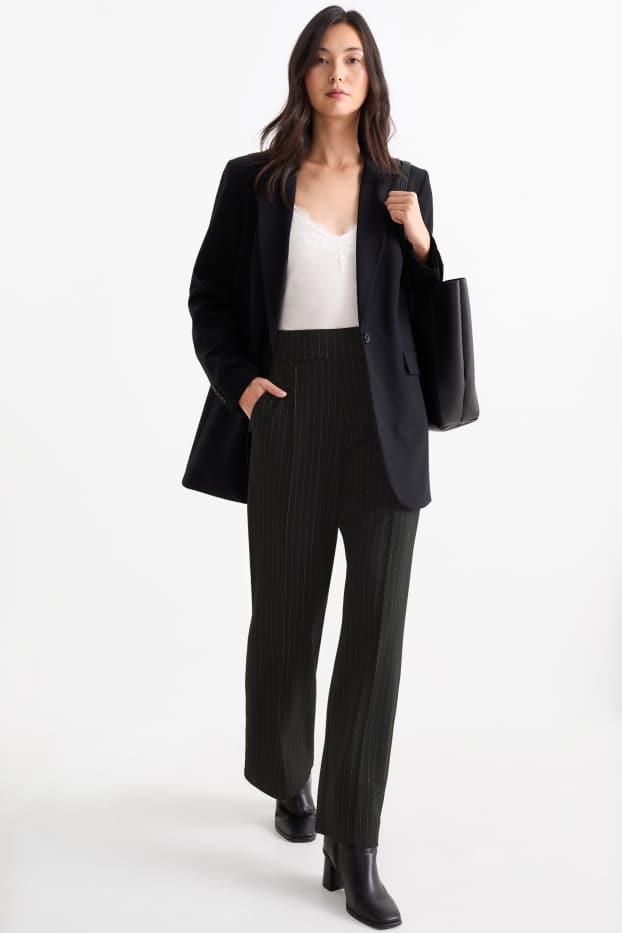 Femmes - Pantalon en jersey - high waist - straight fit - fines rayures - noir