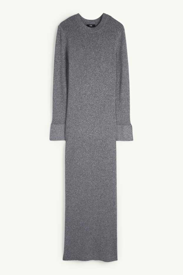 Women - Knitted dress with slit - ribbed - shiny - dark gray