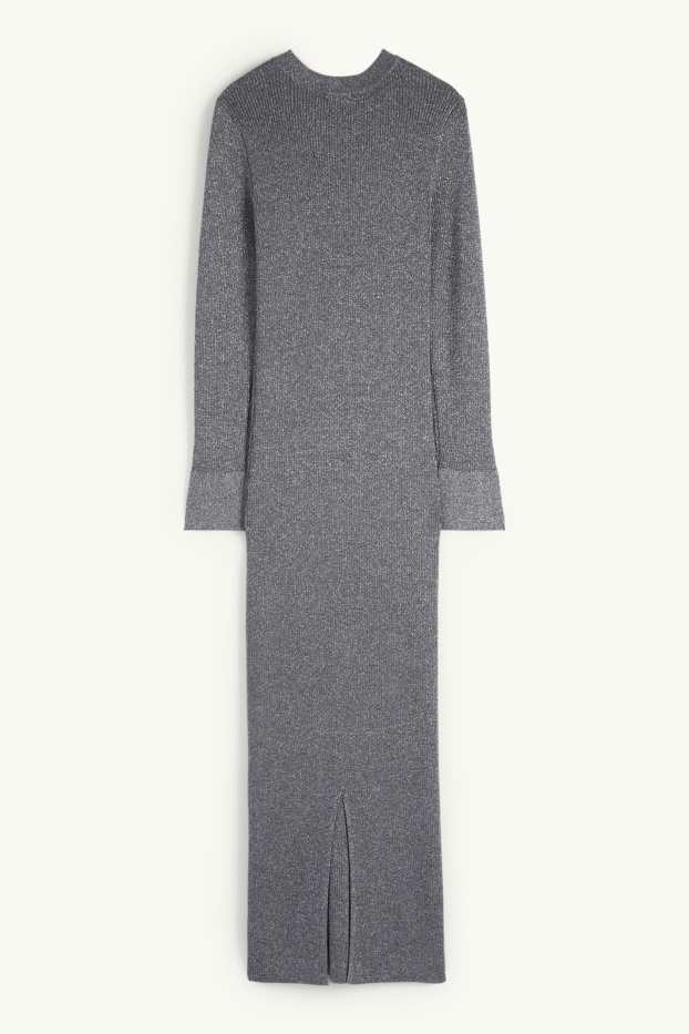 Women - Knitted dress with slit - ribbed - shiny - dark gray