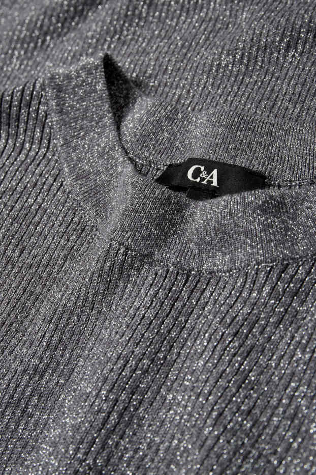 Women - Knitted dress with slit - ribbed - shiny - dark gray