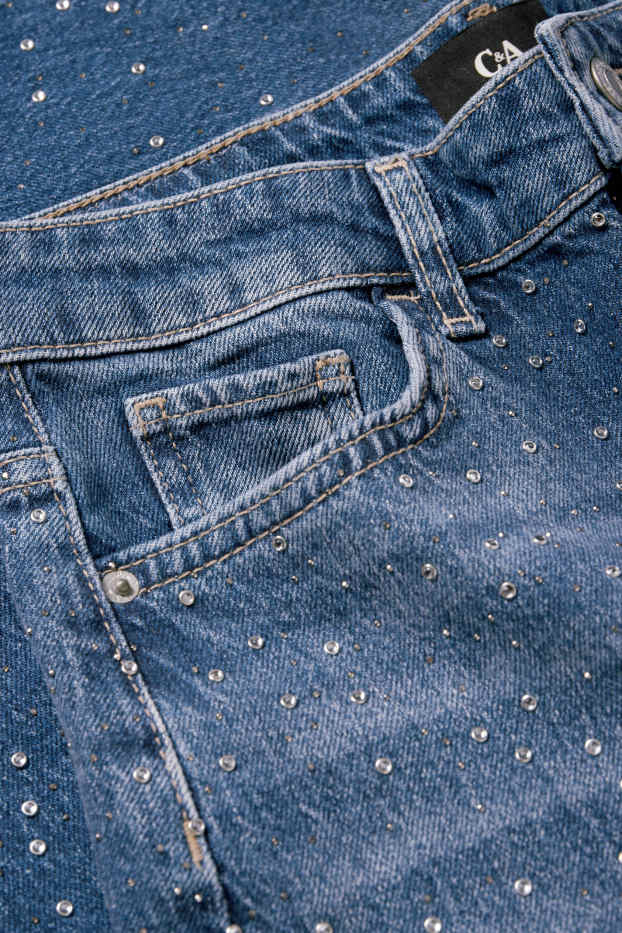 Damen - Straight Jeans mit Strasssteinen - High Waist - jeansblau