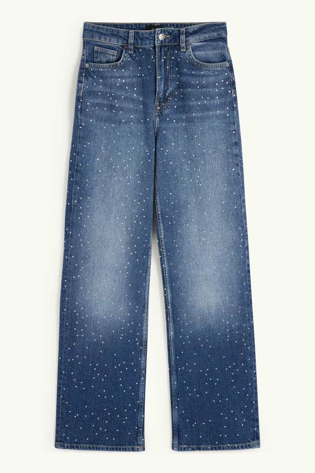 Damen - Straight Jeans mit Strasssteinen - High Waist - jeansblau