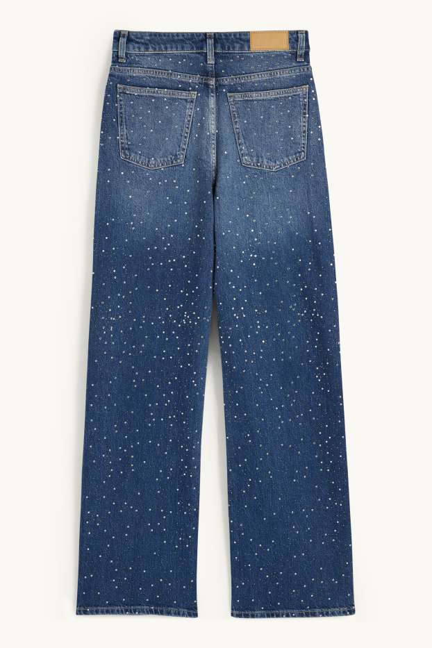 Damen - Straight Jeans mit Strasssteinen - High Waist - jeansblau