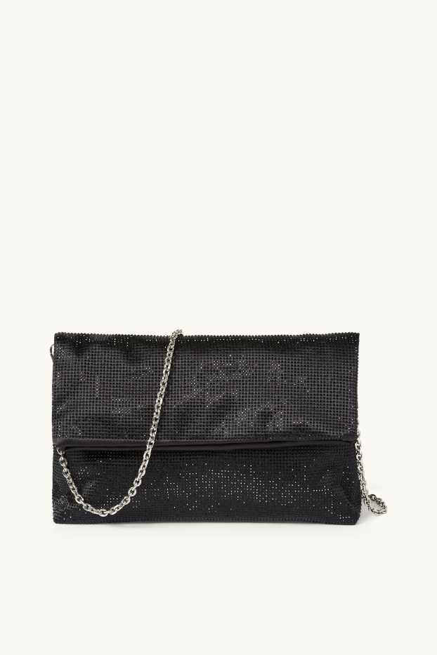 Dames - Schoudertas met strass steentjes en afneembare draagriem - zwart