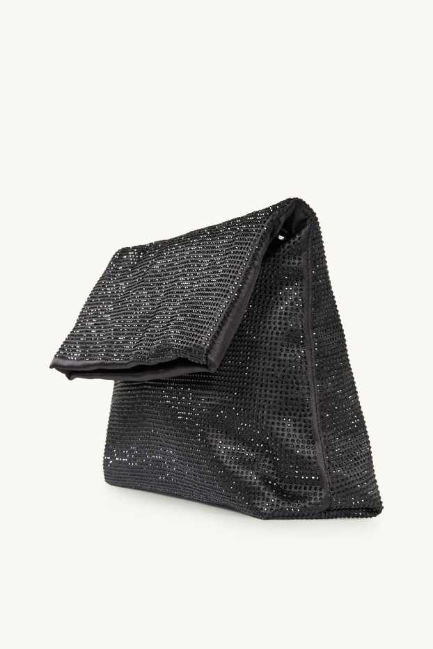 Dames - Schoudertas met strass steentjes en afneembare draagriem - zwart