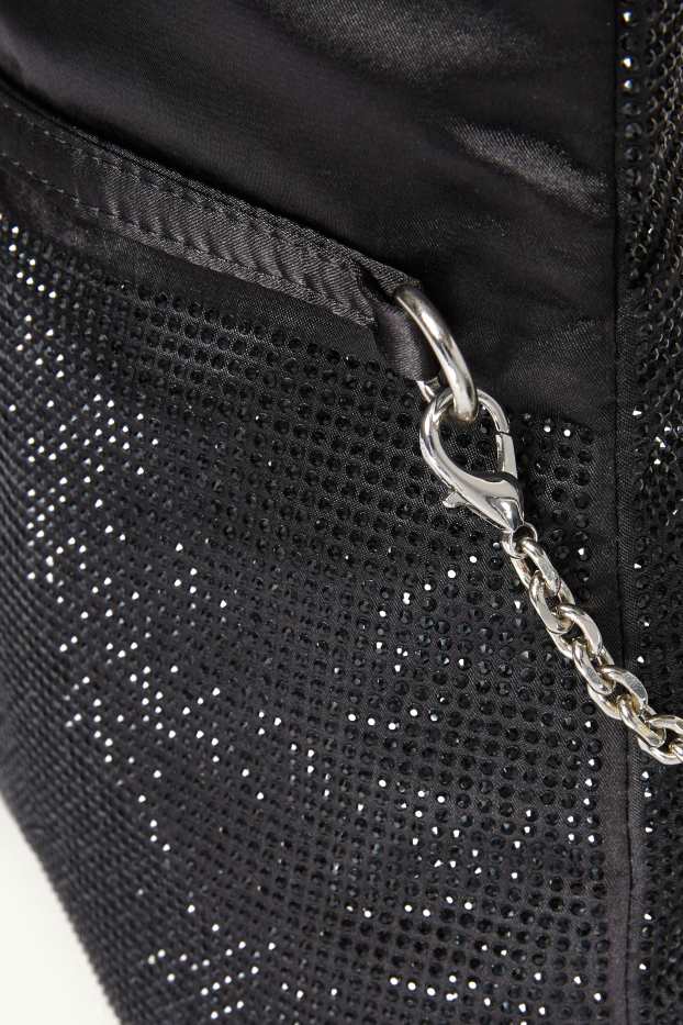 Dames - Schoudertas met strass steentjes en afneembare draagriem - zwart