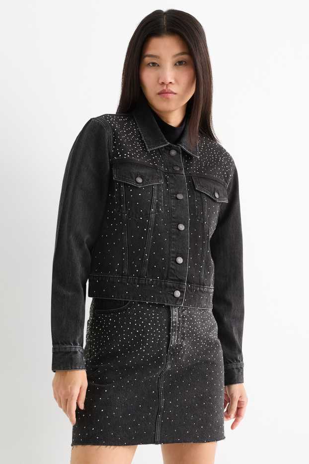 Femmes - Veste en jean orné de strass - jean gris foncé