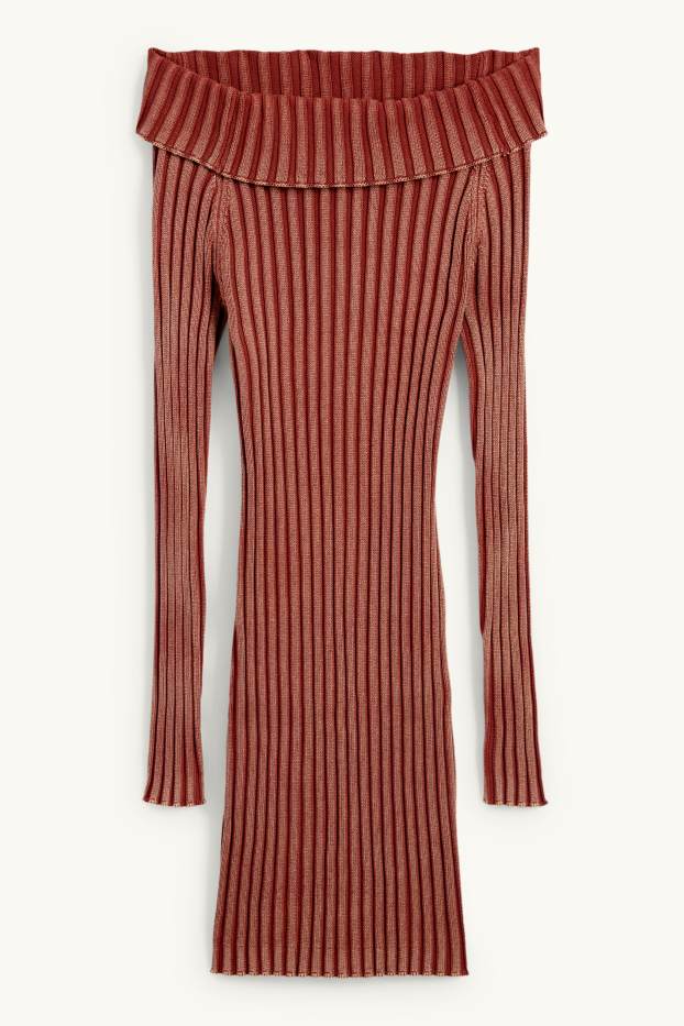 Women - Bodycon off-shoulder dress - ribbed - rust