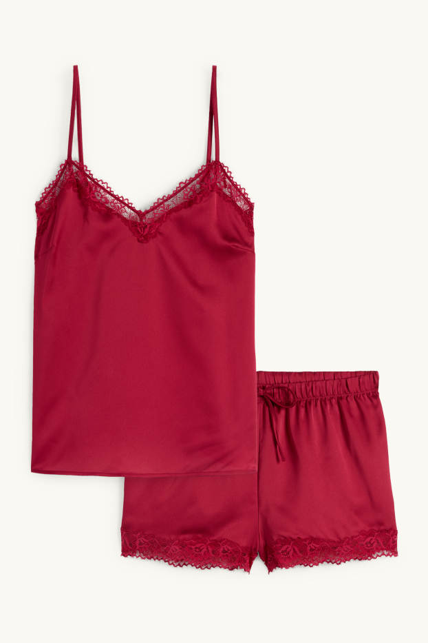 Donna - Set - camiciola e boxer di raso - 2 pezzi - rosso scuro