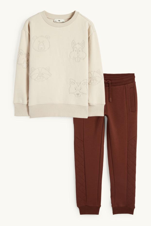 Children Boys - Woodland animals - set - sweatshirt and joggers - 2 piece - beige / brown
