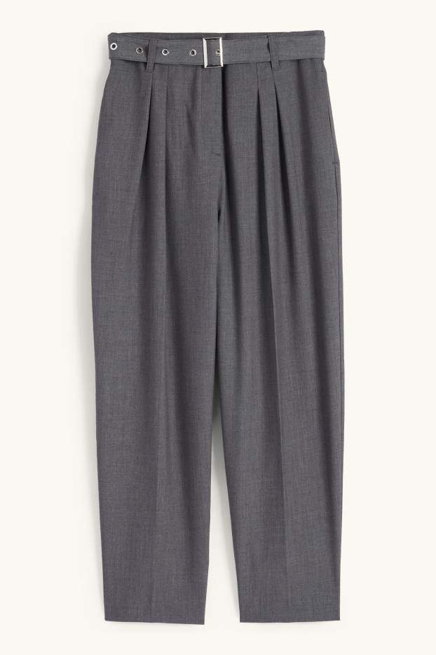 Kobiety - Spodnie materiałowe z paskiem - wysoki stan - tapered fit - ciemnoszary