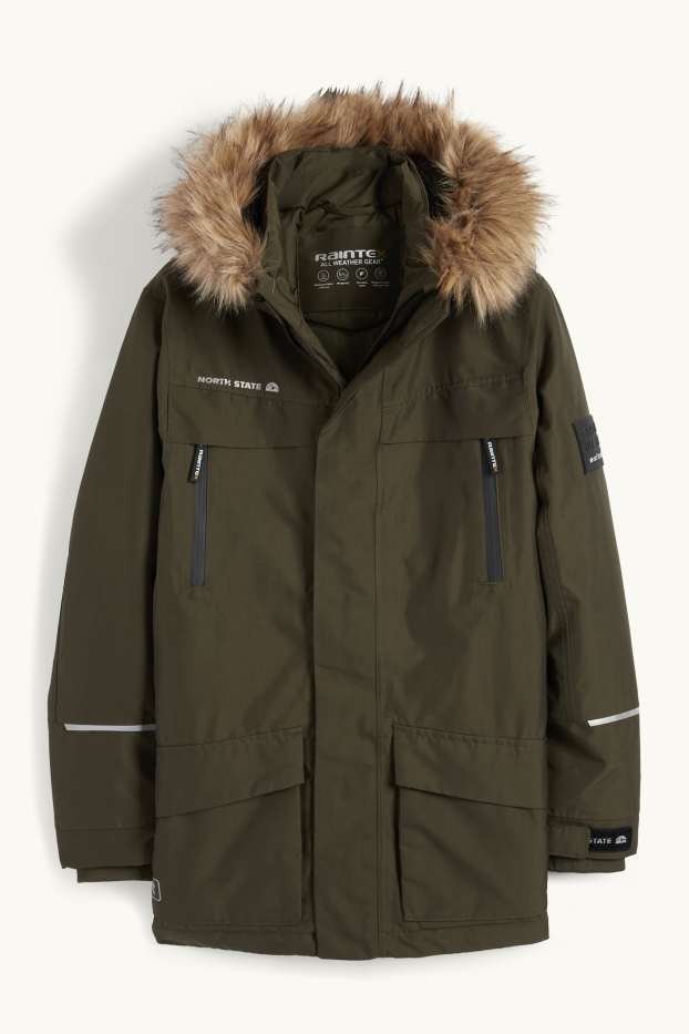 Bambini - Parka con cappuccio e inserto in ecopelliccia - inverno - impermeabile - verde scuro
