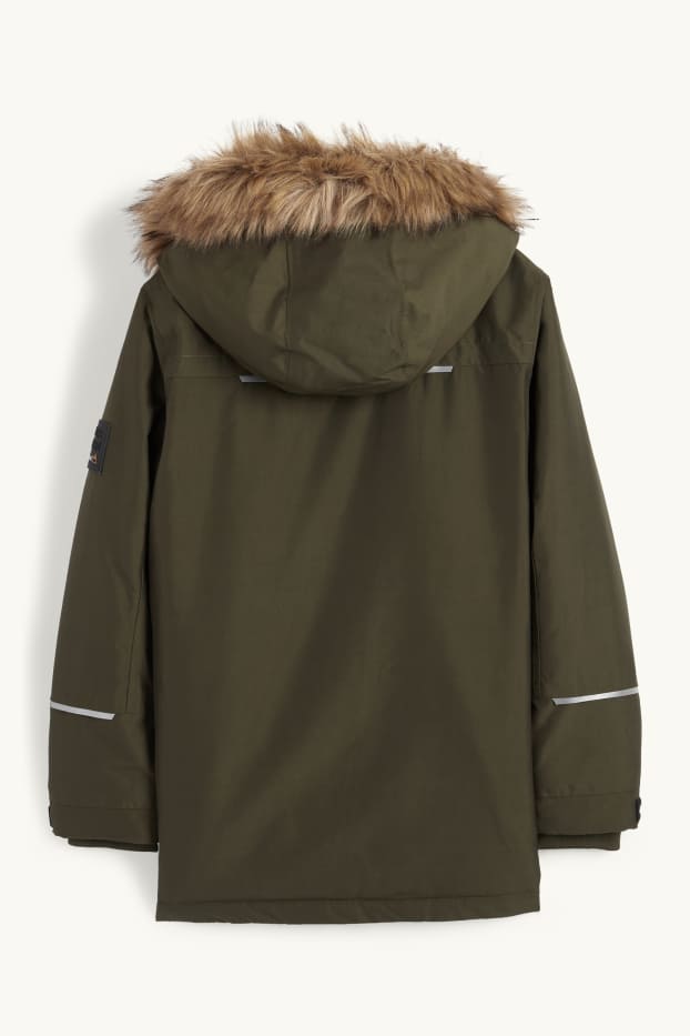 Bambini - Parka con cappuccio e inserto in ecopelliccia - inverno - impermeabile - verde scuro