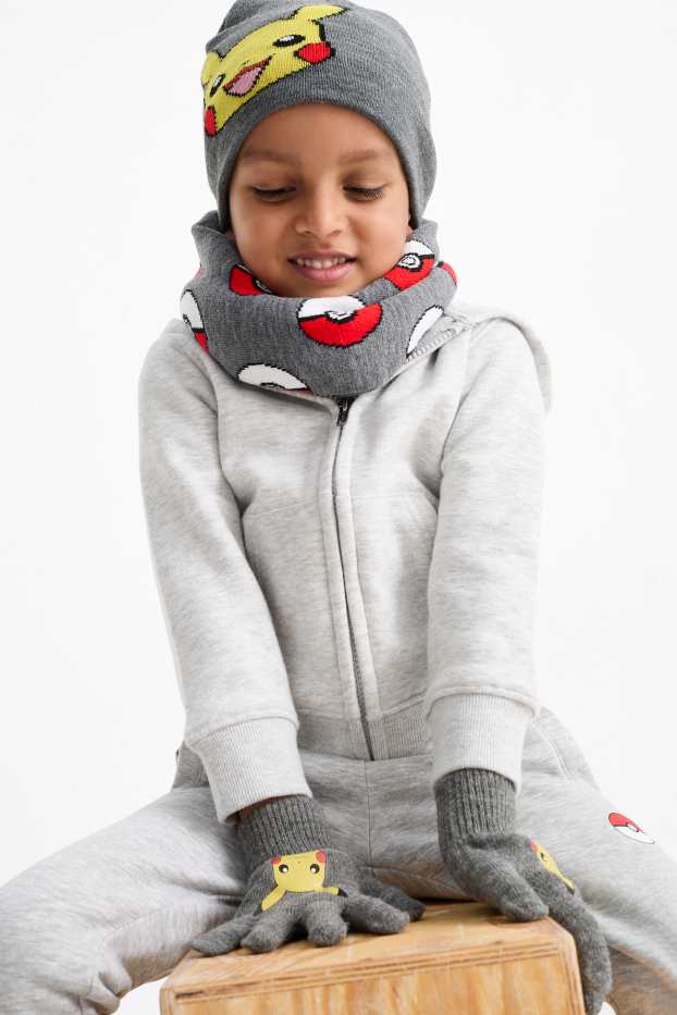 Bambini - Pokémon - Pikachu - set - cappello, scaldacollo e guanti - grigio scuro