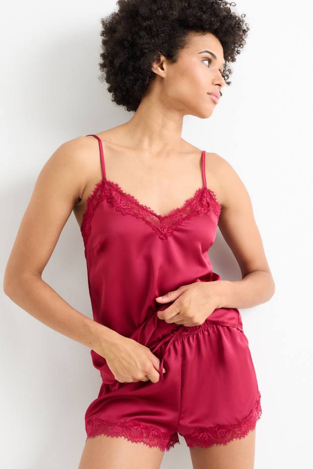 Donna - Set - camiciola e boxer di raso - 2 pezzi - rosso scuro