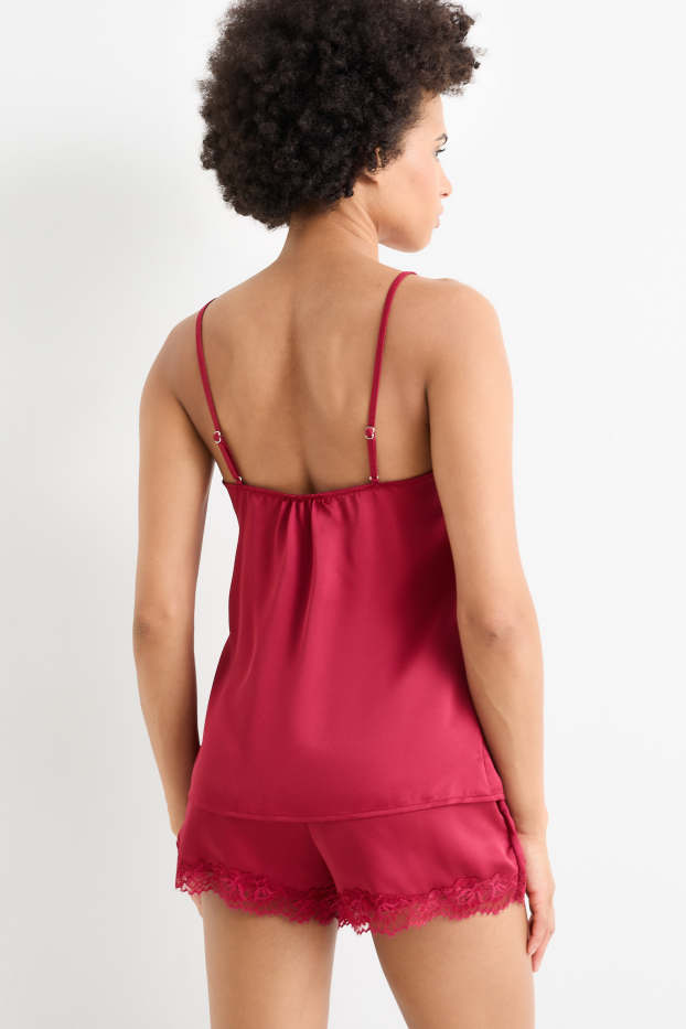 Donna - Set - camiciola e boxer di raso - 2 pezzi - rosso scuro