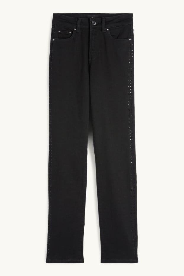 Femei - Straight jeans cu ștrasuri - talie medie - LYCRA® - negru