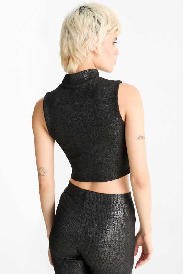Dámské - Krátký top - žebrovaný - s třpytivým efektem - černá