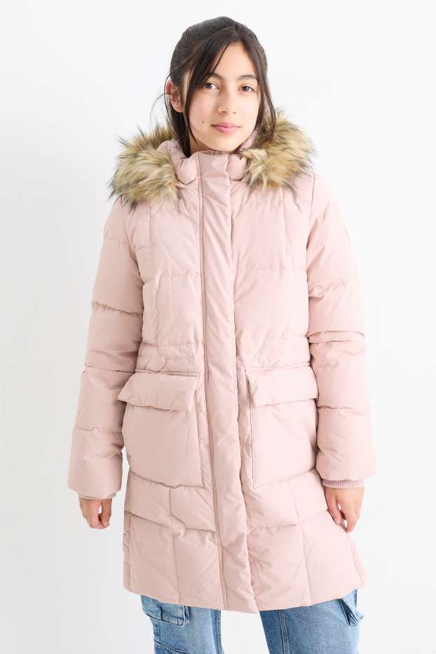 Bambine - Piumino con cappuccio e inserto in ecopelliccia - rosa