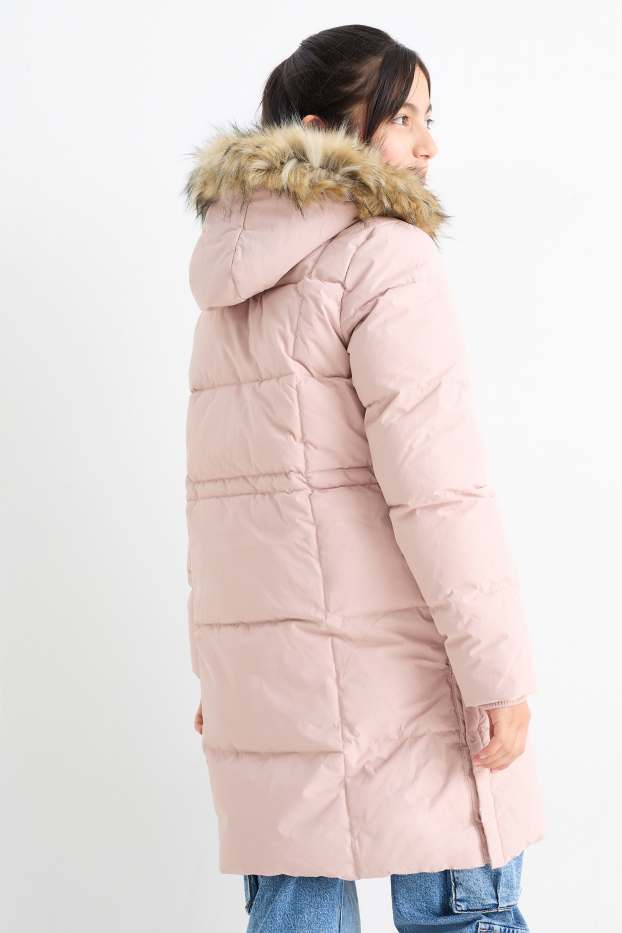 Bambine - Piumino con cappuccio e inserto in ecopelliccia - rosa