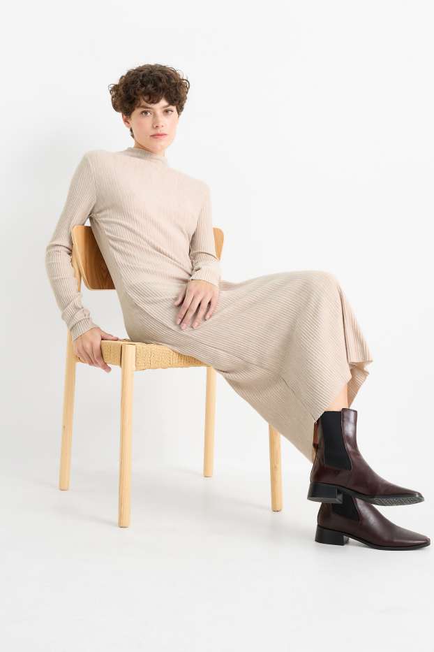 Women - Knitted dress - ribbed - light beige
