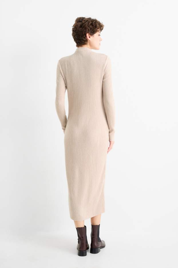 Women - Knitted dress - ribbed - light beige