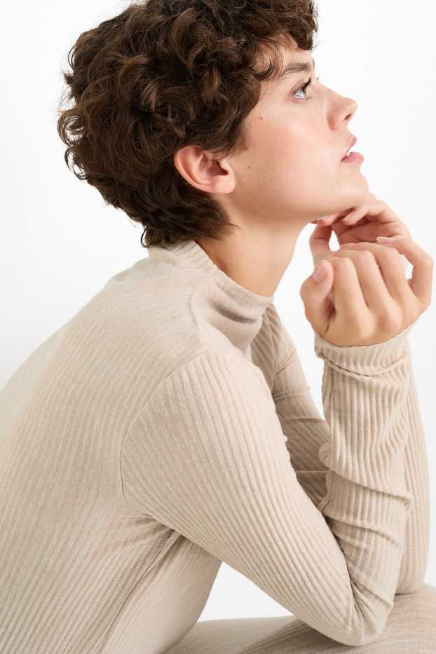 Women - Knitted dress - ribbed - light beige