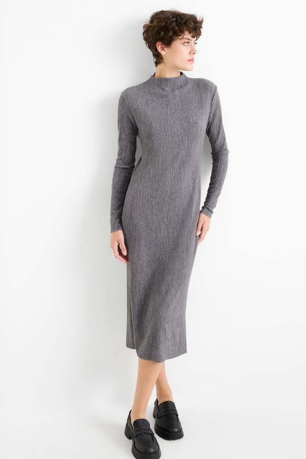Women - Knitted dress - ribbed - gray