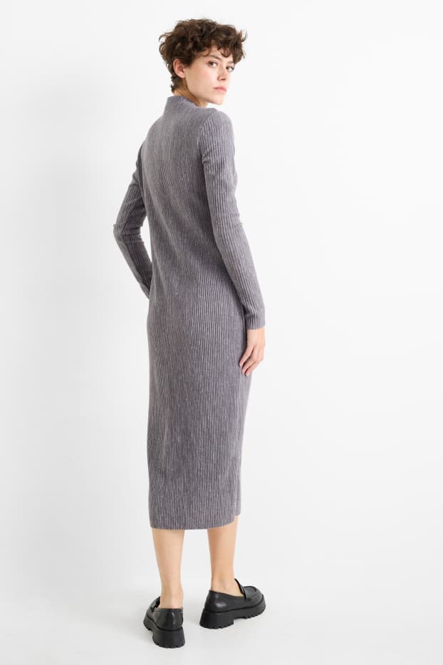 Women - Knitted dress - ribbed - gray