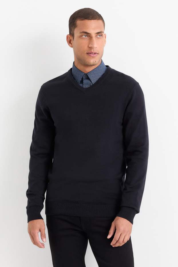 Hommes - Pullover en fine maille et chemise - regular fit - col kent - bleu foncé