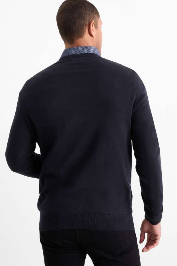 Hommes - Pullover en fine maille et chemise - regular fit - col kent - bleu foncé