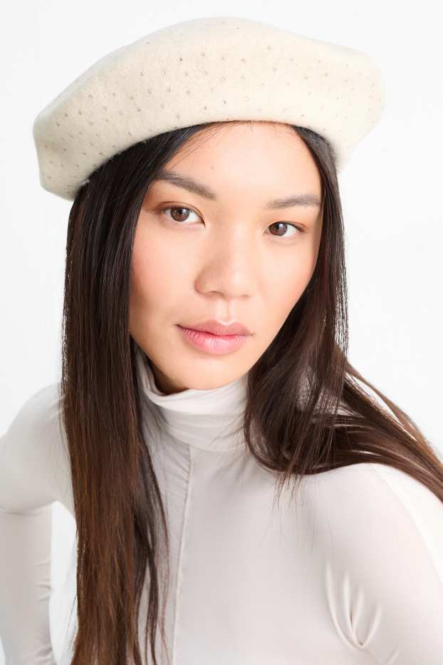 Women - Woollen beret with rhinestones - cremewhite