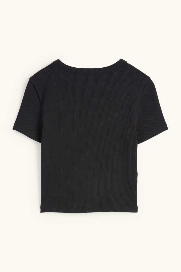 Damen - Crop T-Shirt - gerippt - schwarz